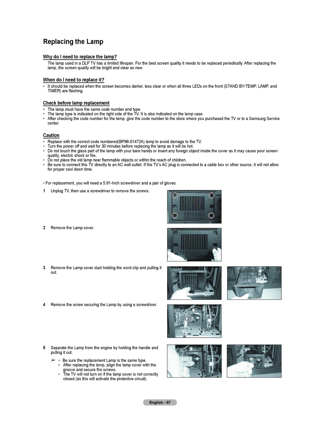 Samsung HL-T5055W, HL-T5655W manual Replacing the Lamp, Why do I need to replace the lamp?, When do I need to replace it? 