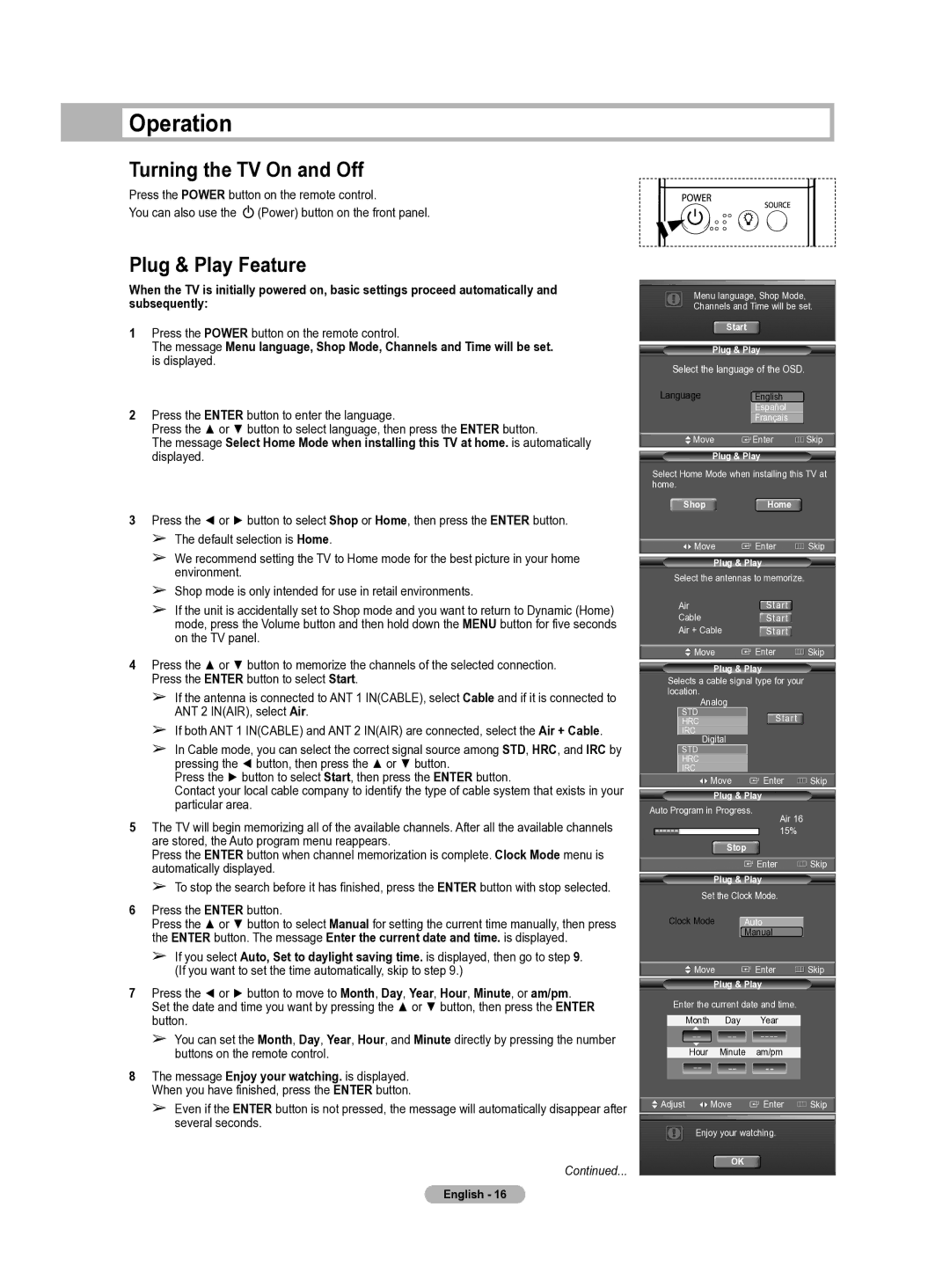 Samsung HL-T5655W Operation, Turning the TV On and Off, Plug & Play Feature, Press the Power button on the remote control 