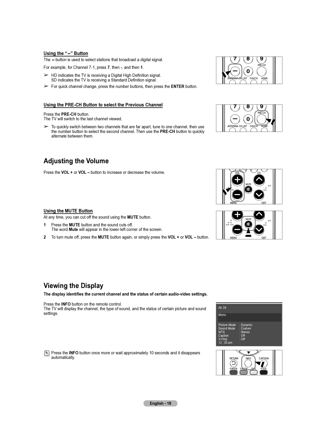 Samsung HL-T5655W manual Adjusting the Volume, Viewing the Display, Using the Button, Using the Mute Button 