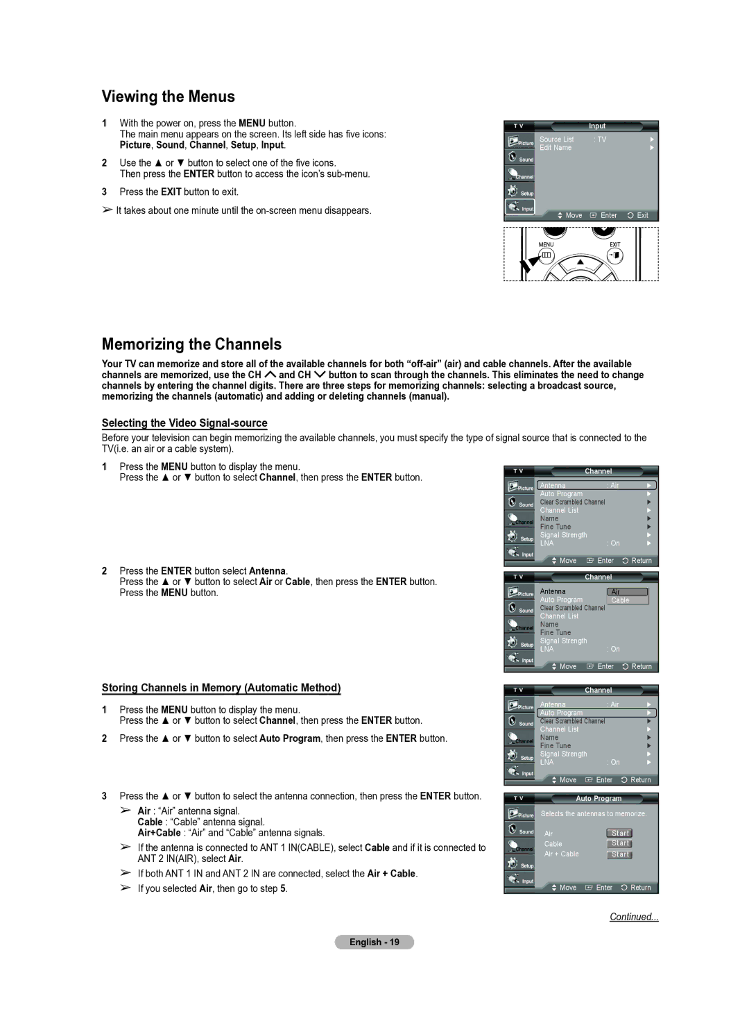 Samsung HL-T5655W manual Viewing the Menus, Memorizing the Channels, Selecting the Video Signal-source 