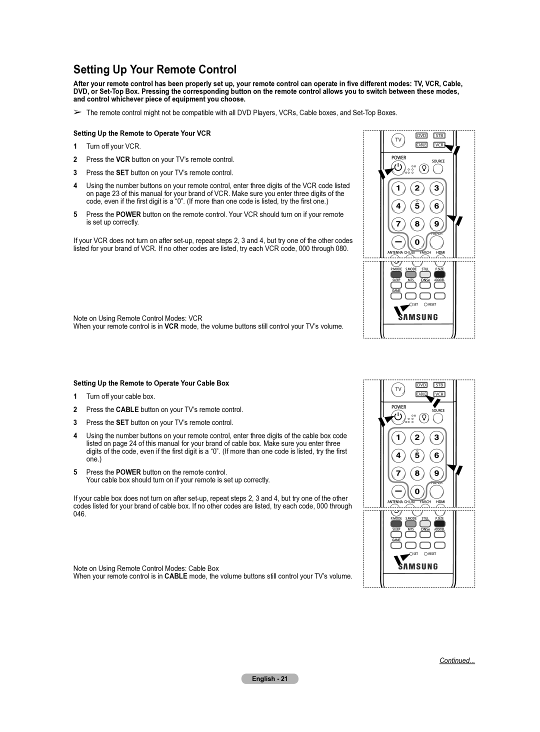 Samsung HL-T5655W manual Setting Up Your Remote Control 