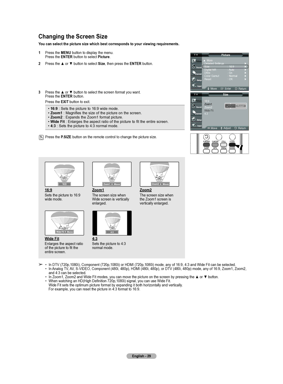 Samsung HL-T5655W manual Changing the Screen Size, 169, Wide Fit, Zoom1, Zoom2 