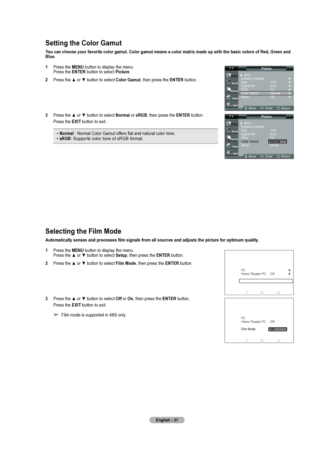 Samsung HL-T5655W manual Setting the Color Gamut, Selecting the Film Mode 