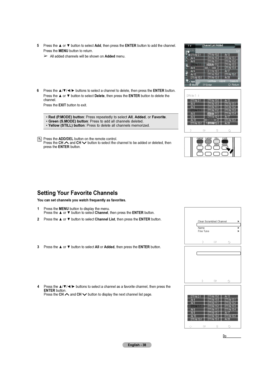 Samsung HL-T5655W manual Setting Your Favorite Channels, You can set channels you watch frequently as favorites 