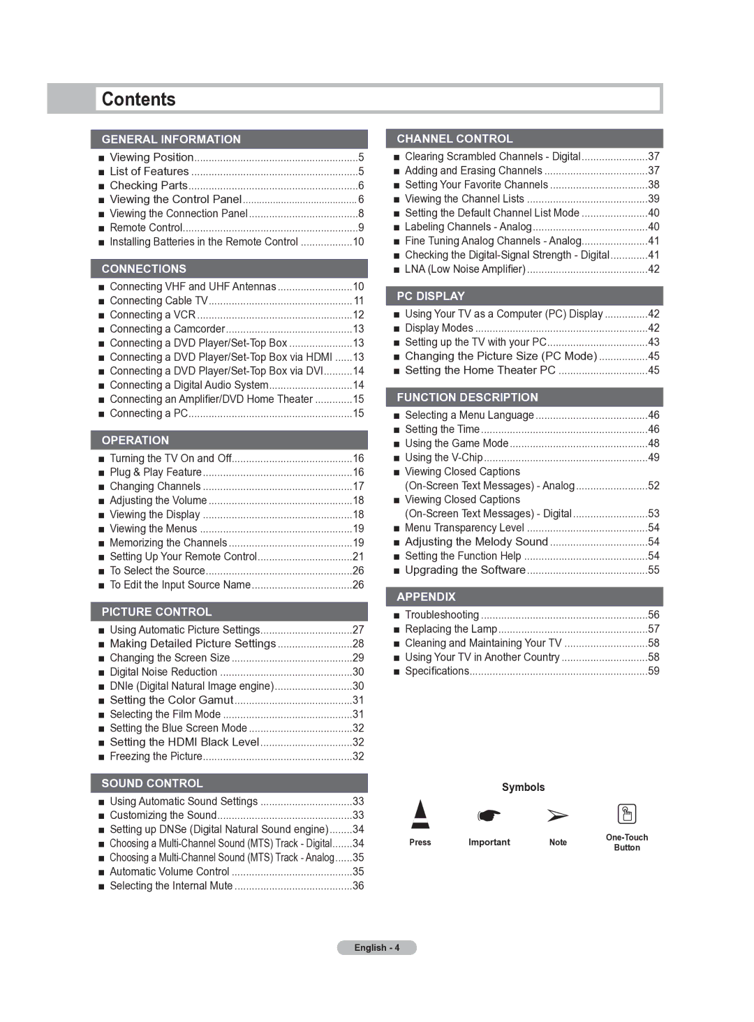 Samsung HL-T5655W manual Contents 