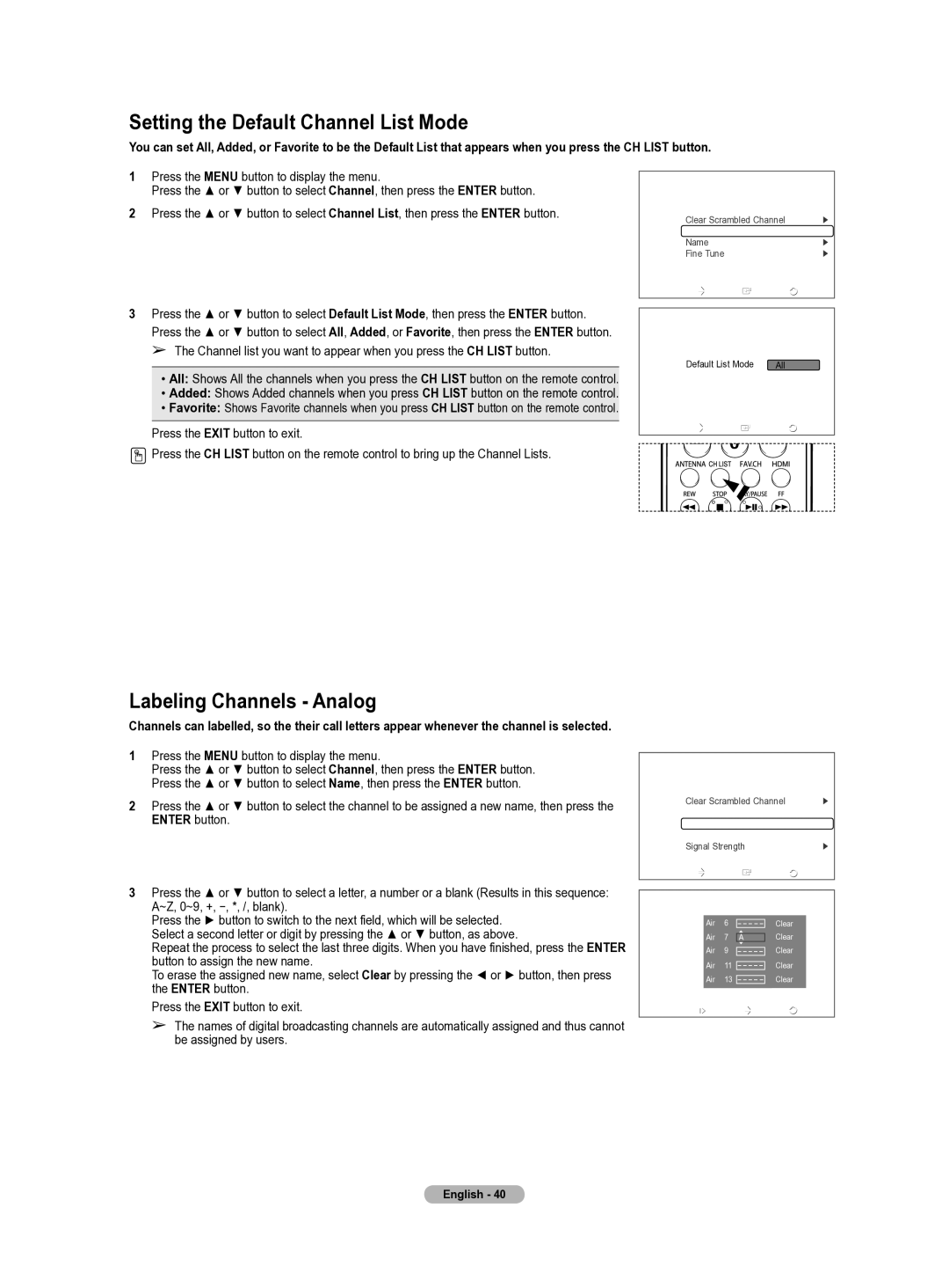 Samsung HL-T5655W manual Setting the Default Channel List Mode, Labeling Channels Analog, Name 