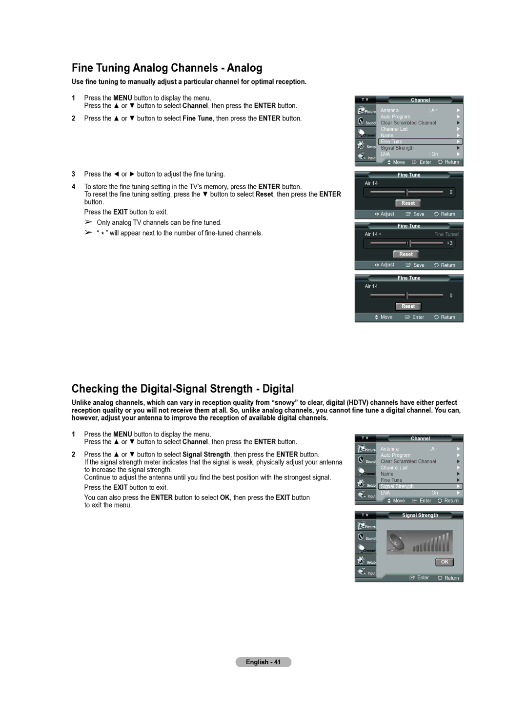 Samsung HL-T5655W manual Fine Tuning Analog Channels Analog, Checking the Digital-Signal Strength Digital, Fine Tune, Reset 