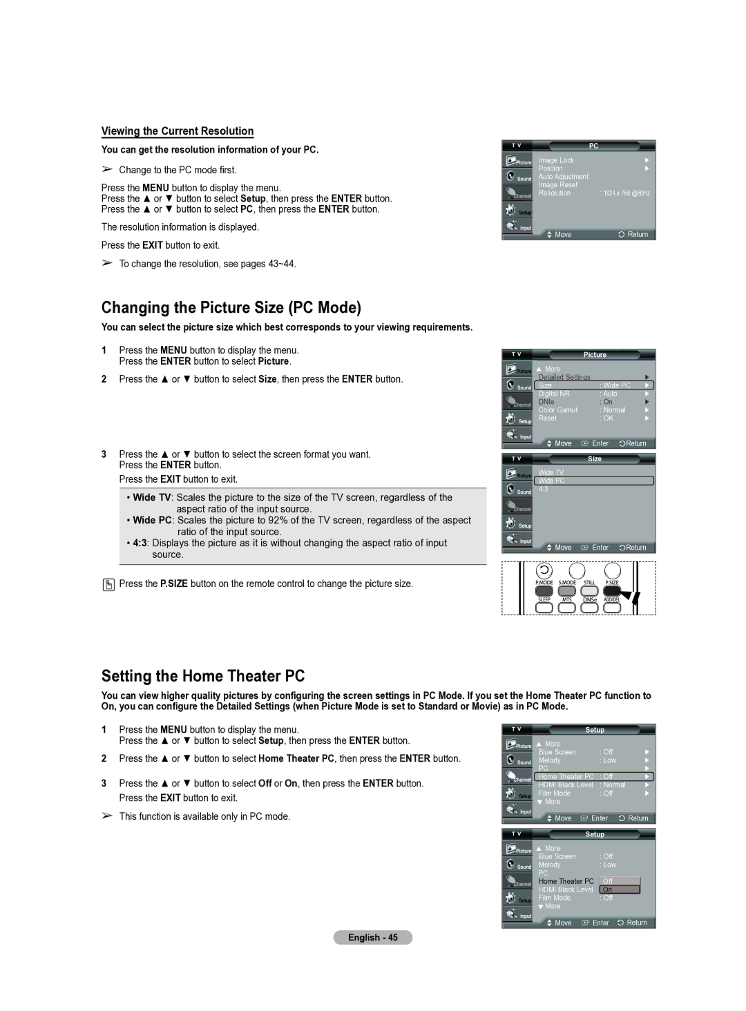 Samsung HL-T5655W manual Changing the Picture Size PC Mode, Setting the Home Theater PC, Viewing the Current Resolution 