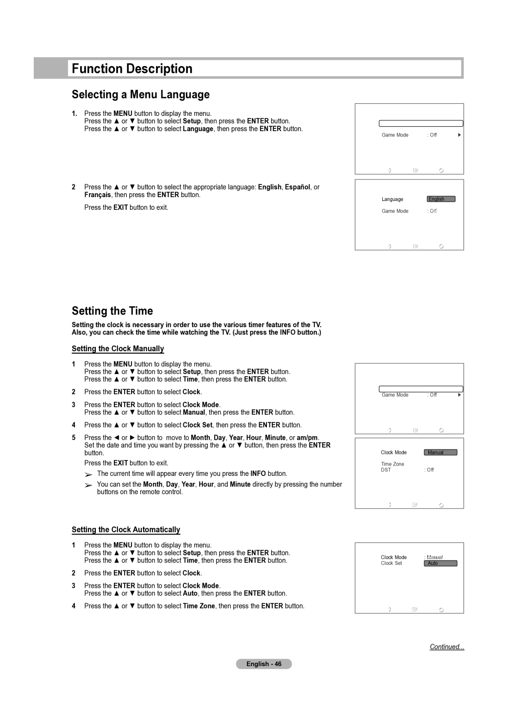 Samsung HL-T5655W manual Function Description, Selecting a Menu Language, Setting the Time, Setting the Clock Manually 