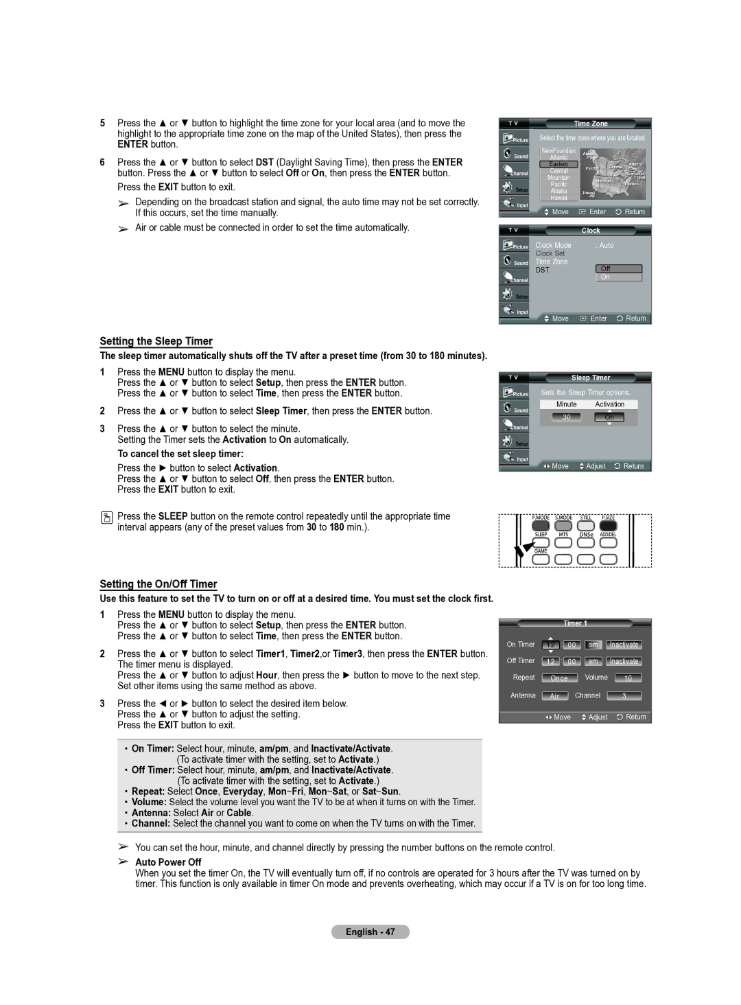 Samsung HL-T5655W manual Setting the Sleep Timer, Setting the On/Off Timer 