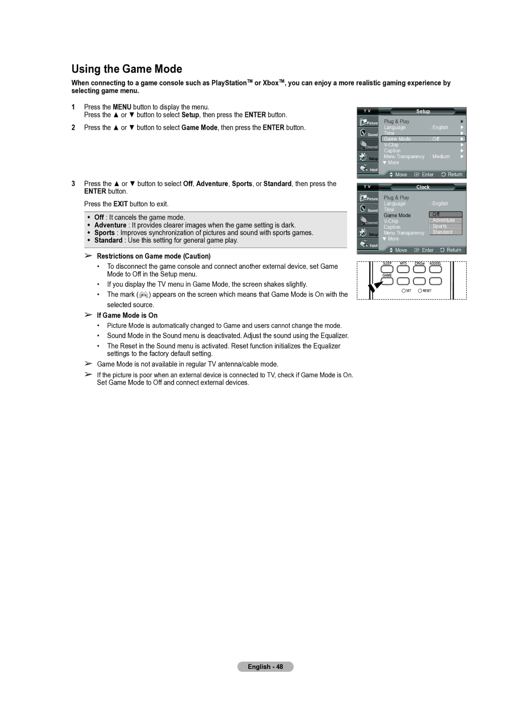 Samsung HL-T5655W manual Using the Game Mode, Restrictions on Game mode Caution, If Game Mode is On 