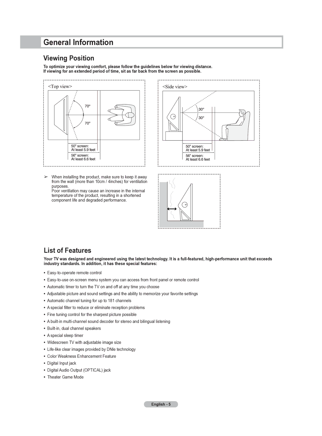 Samsung HL-T5655W manual General Information, Viewing Position, List of Features 