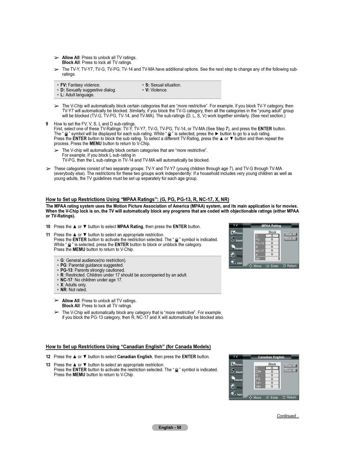 Samsung HL-T5655W manual How to set the FV, V, S, L and D sub-ratings, Mpaa Rating 