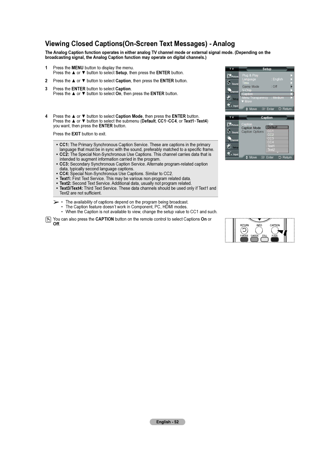 Samsung HL-T5655W manual Viewing Closed CaptionsOn-Screen Text Messages Analog 