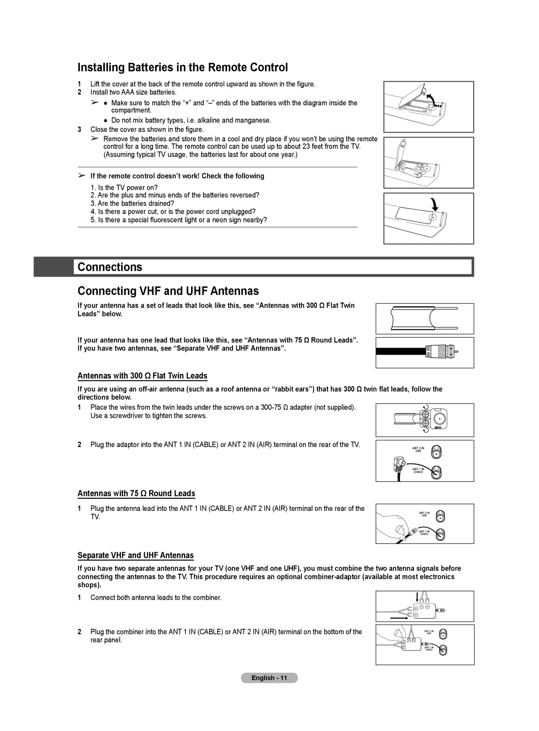 Samsung HL-T5656W, HL-T6756W manual Installing Batteries in the Remote Control, Connections Connecting VHF and UHF Antennas 