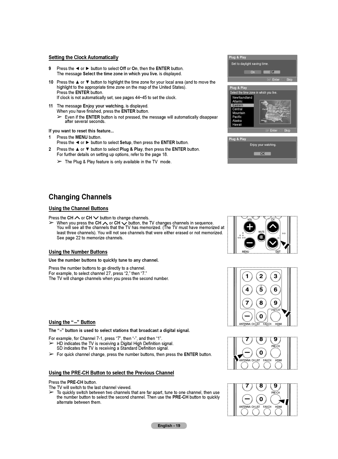 Samsung HL-T5656W, HL-T6756W manual Changing Channels 