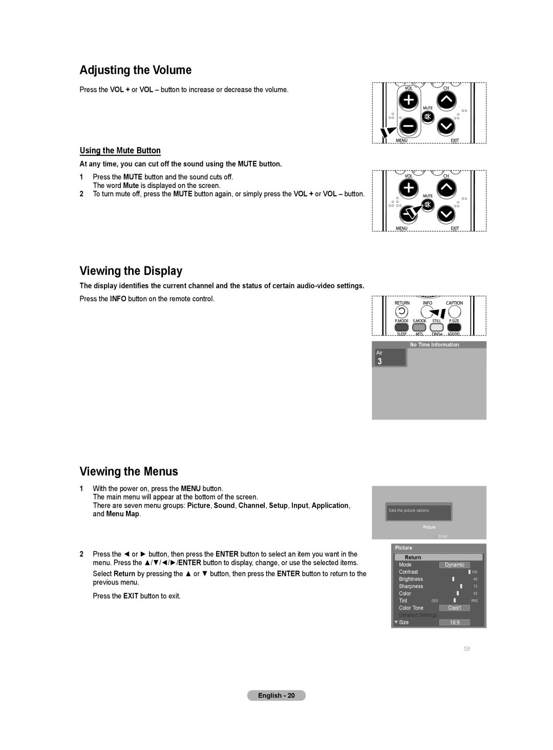 Samsung HL-T6756W, HL-T5656W manual Adjusting the Volume, Viewing the Display, Viewing the Menus, Using the Mute Button 