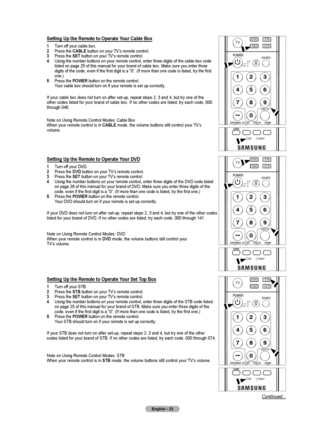 Samsung HL-T5656W, HL-T6756W Setting Up the Remote to Operate Your Cable Box, Setting Up the Remote to Operate Your DVD 