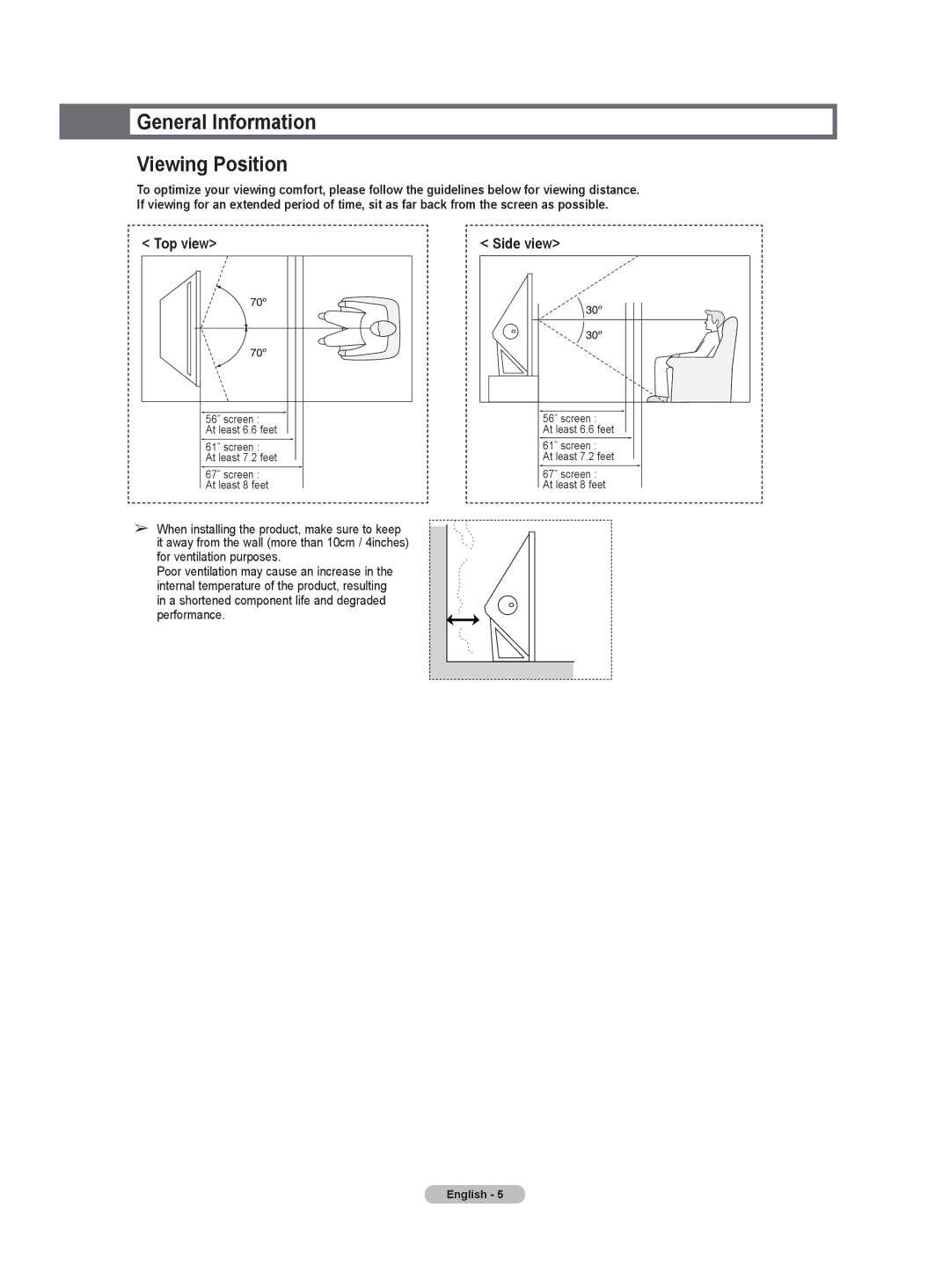 Samsung HL-T5656W, HL-T6756W manual General Information Viewing Position, Top view 