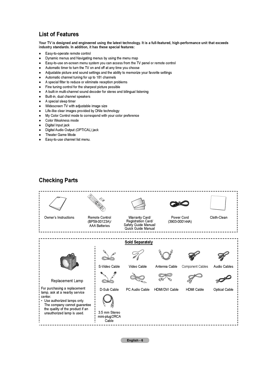 Samsung HL-T6756W, HL-T5656W manual List of Features, Checking Parts, Sold Separately 