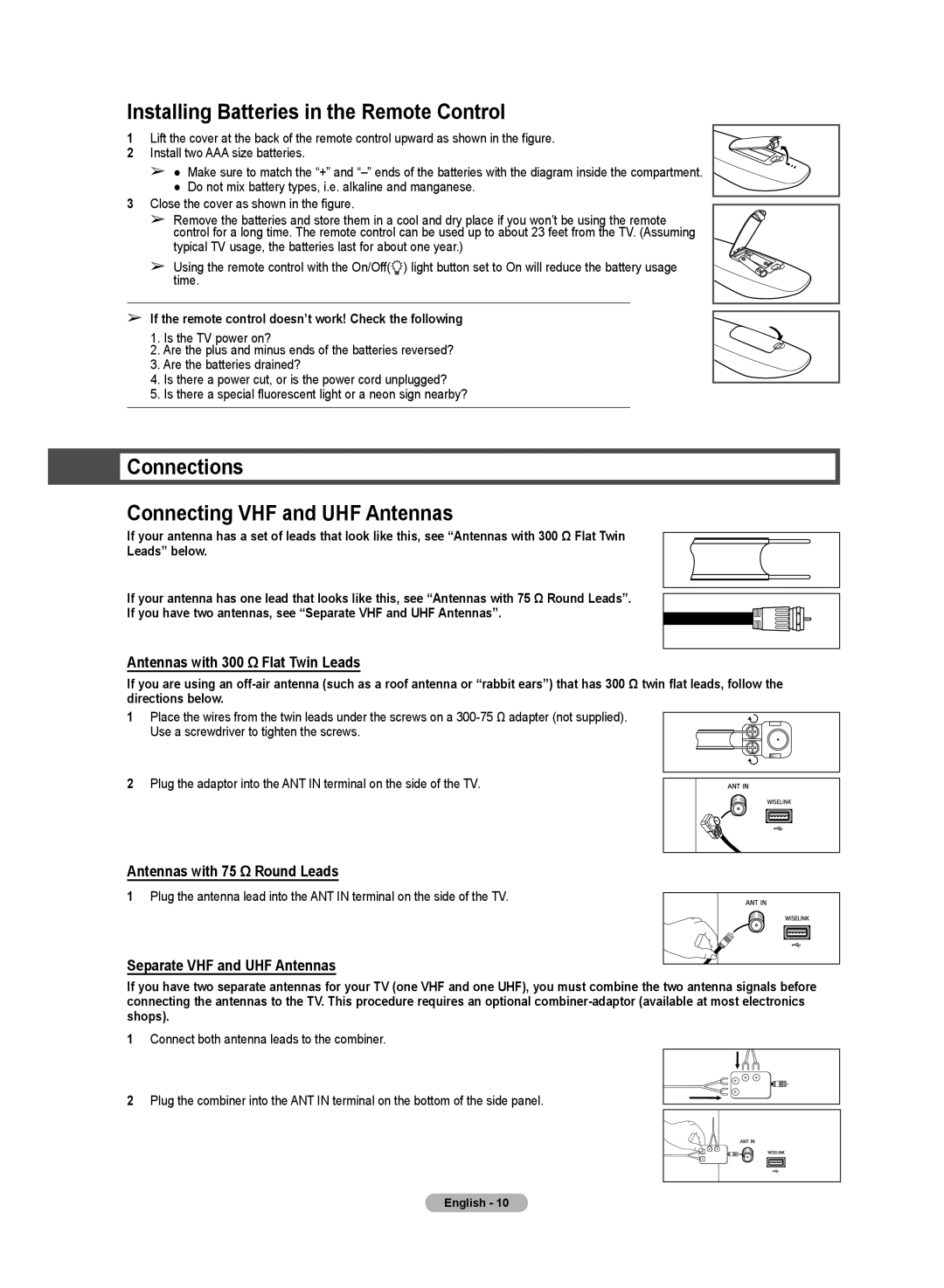 Samsung HL72A650C1F user manual Installing Batteries in the Remote Control, Connections Connecting VHF and UHF Antennas 