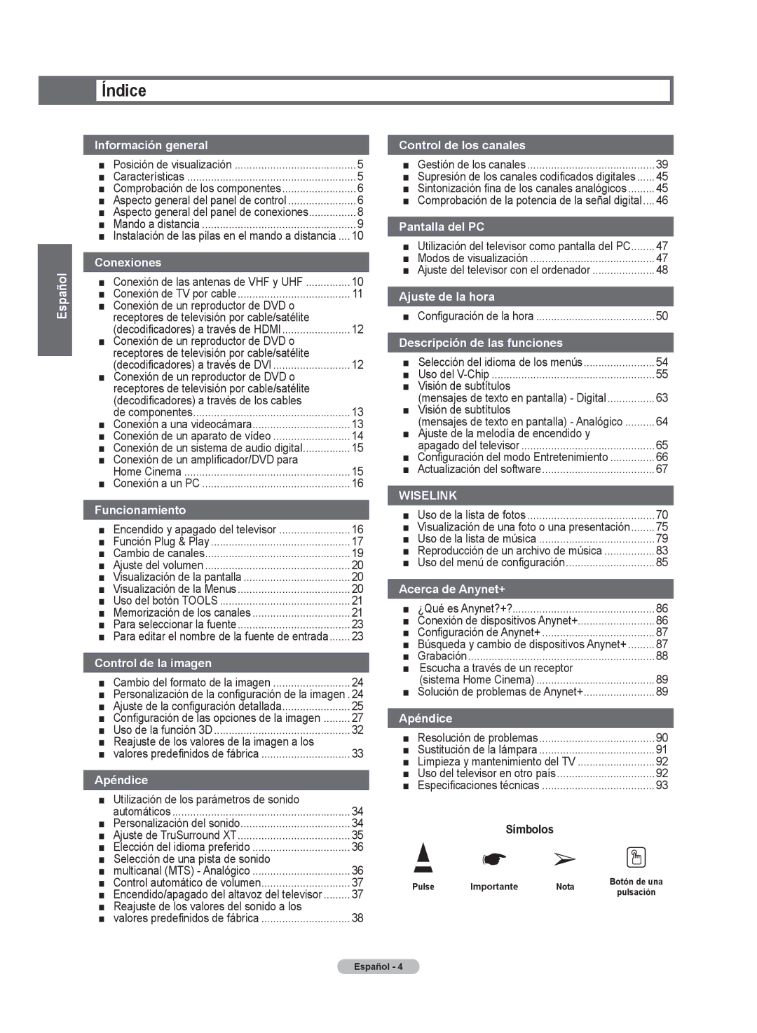 Samsung HL72A650C1F user manual Índice, Símbolos 