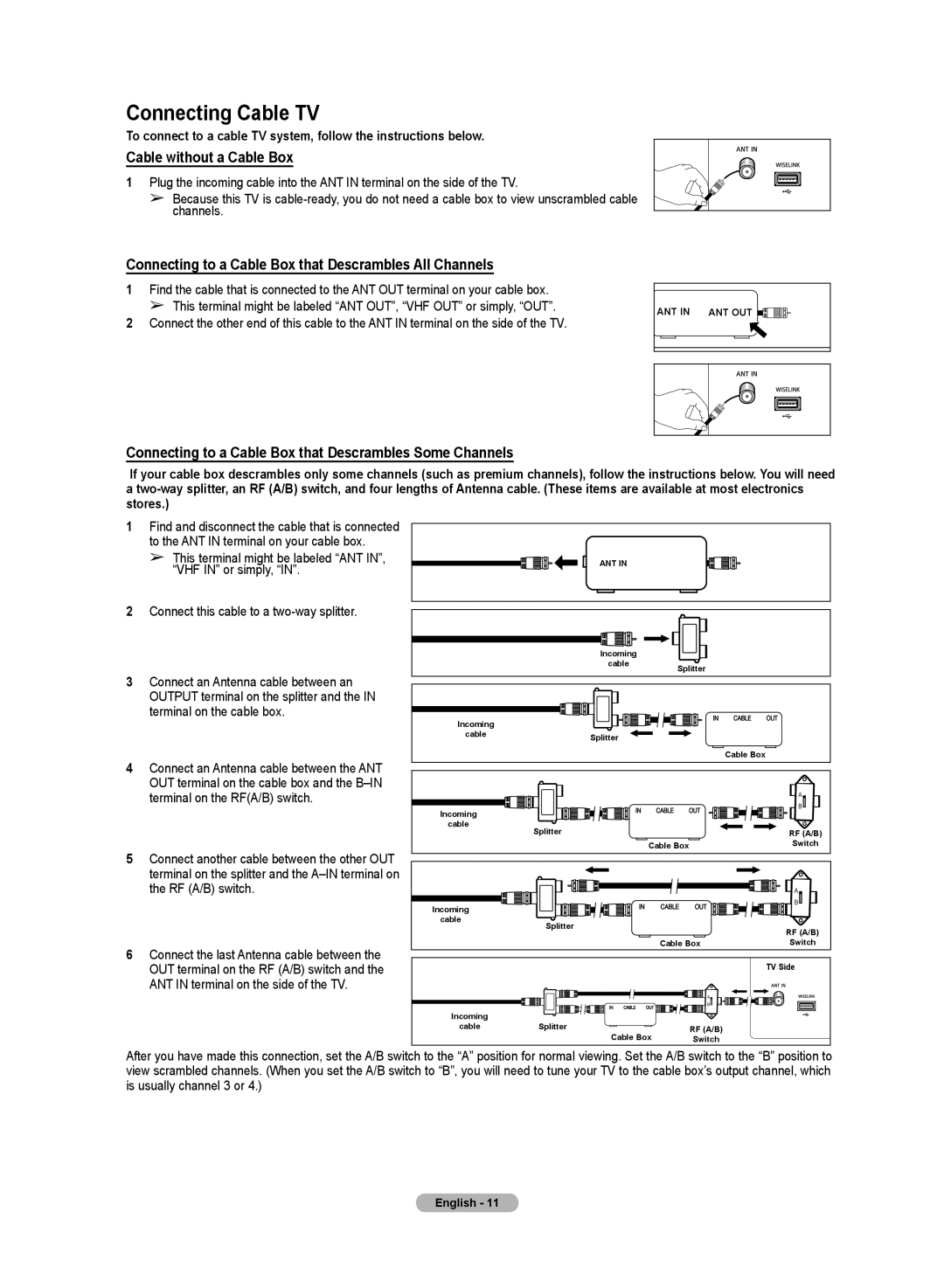 Samsung HL72A650C1F user manual Connecting Cable TV, Cable without a Cable Box 