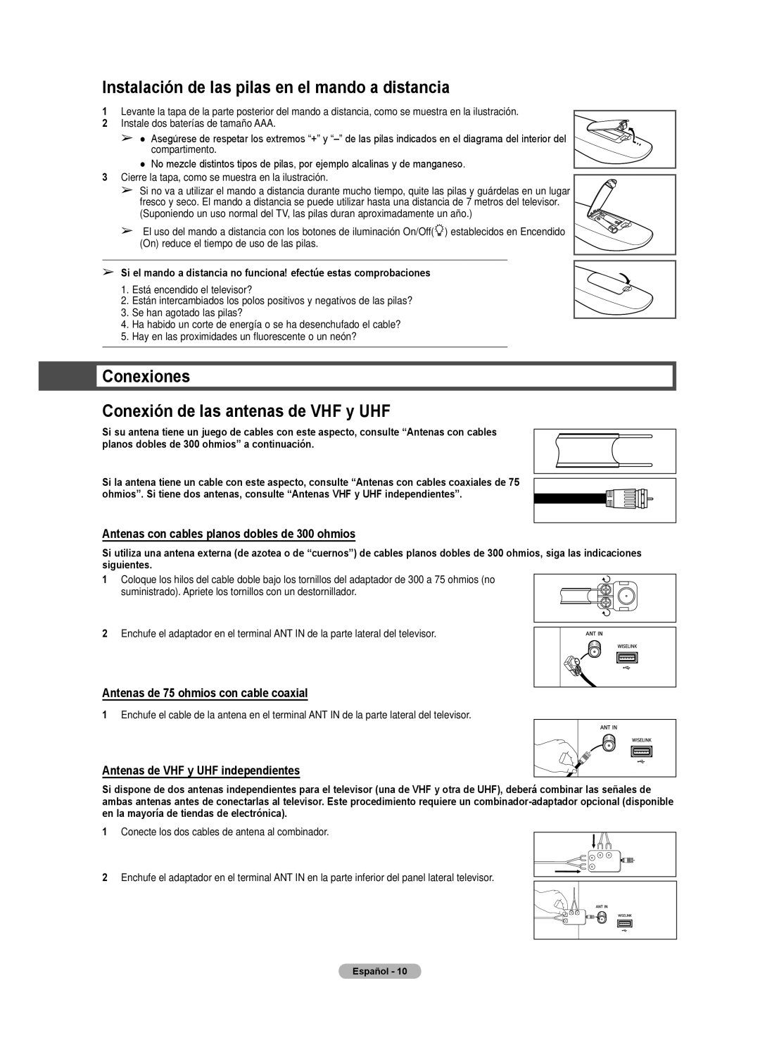 Samsung HL72A650C1F Instalación de las pilas en el mando a distancia, Conexiones Conexión de las antenas de VHF y UHF 