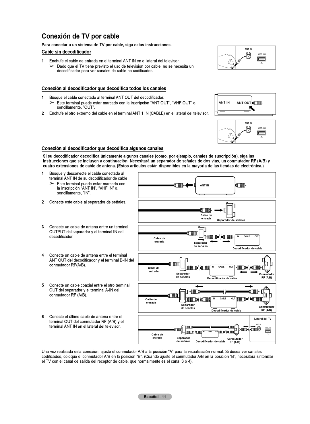 Samsung HL72A650C1F user manual Conexión de TV por cable, Cable sin decodificador 