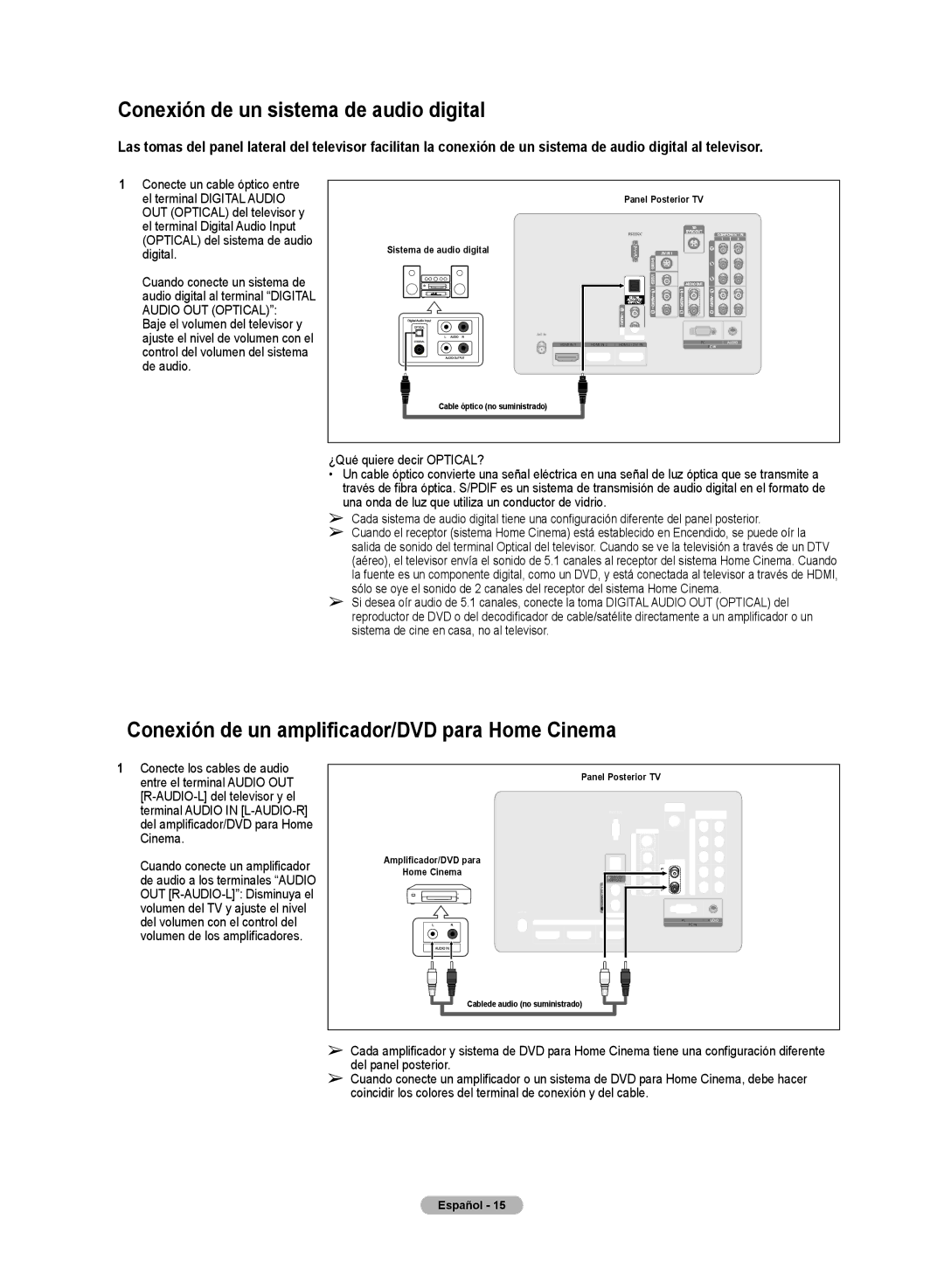 Samsung HL72A650C1F user manual Conexión de un sistema de audio digital, Conexión de un amplificador/DVD para Home Cinema 