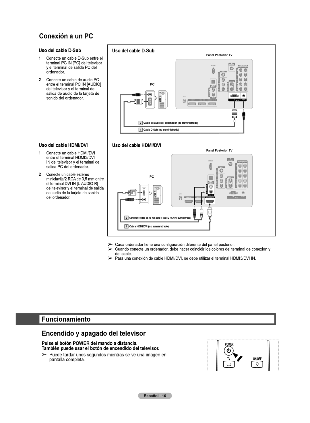 Samsung HL72A650C1F user manual Conexión a un PC, Funcionamiento Encendido y apagado del televisor, Uso del cable D-Sub 