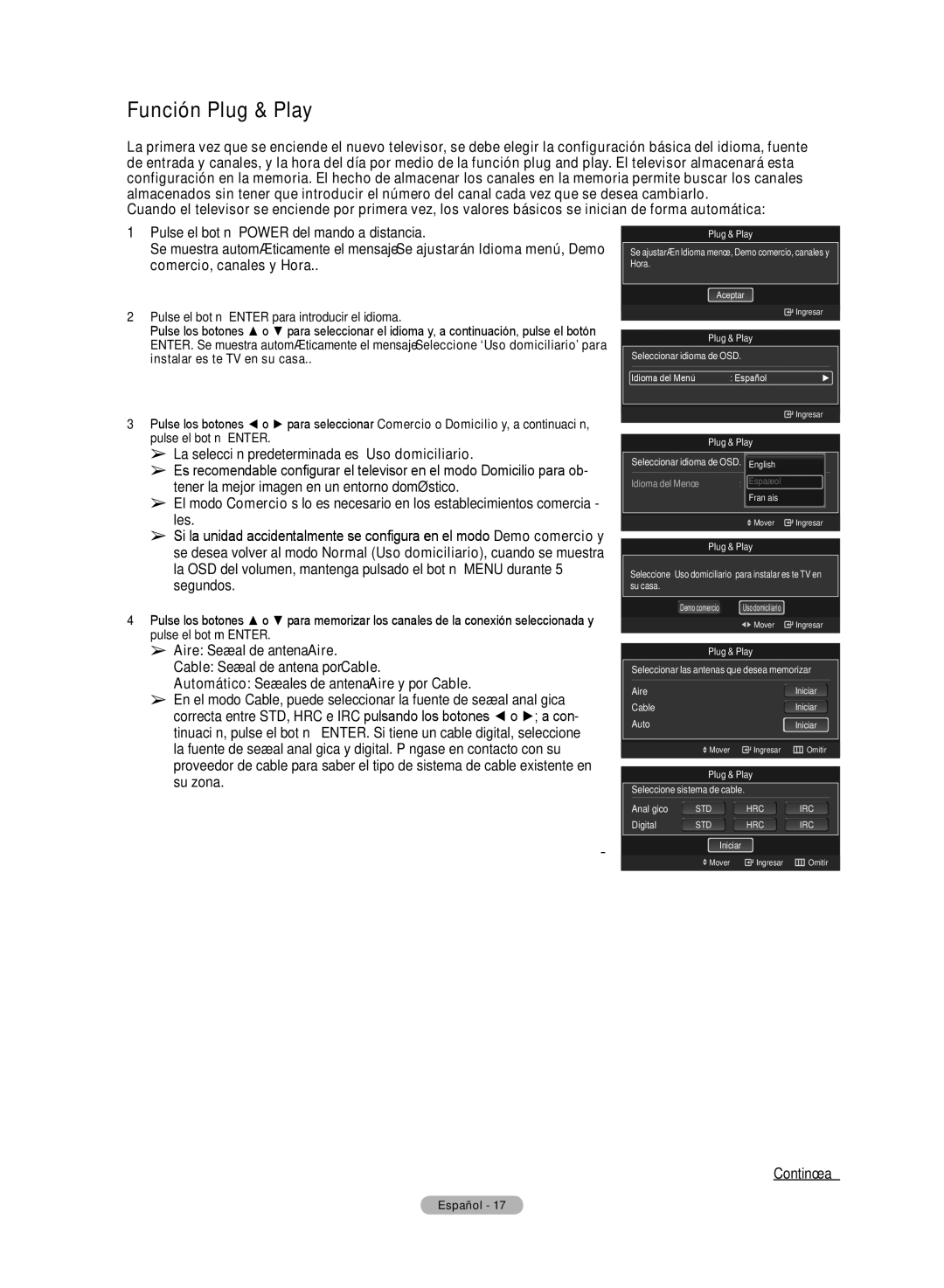 Samsung HL72A650C1F user manual Función Plug & Play, Pulse el botón Enter para introducir el idioma 