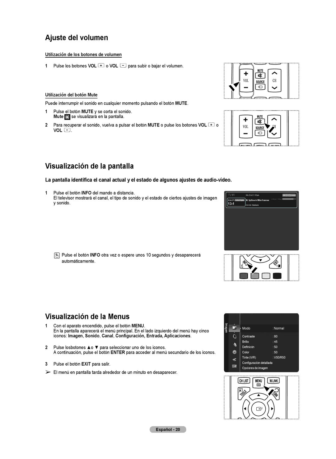 Samsung HL72A650C1F user manual Ajuste del volumen, Visualización de la pantalla, Visualización de la Menus 