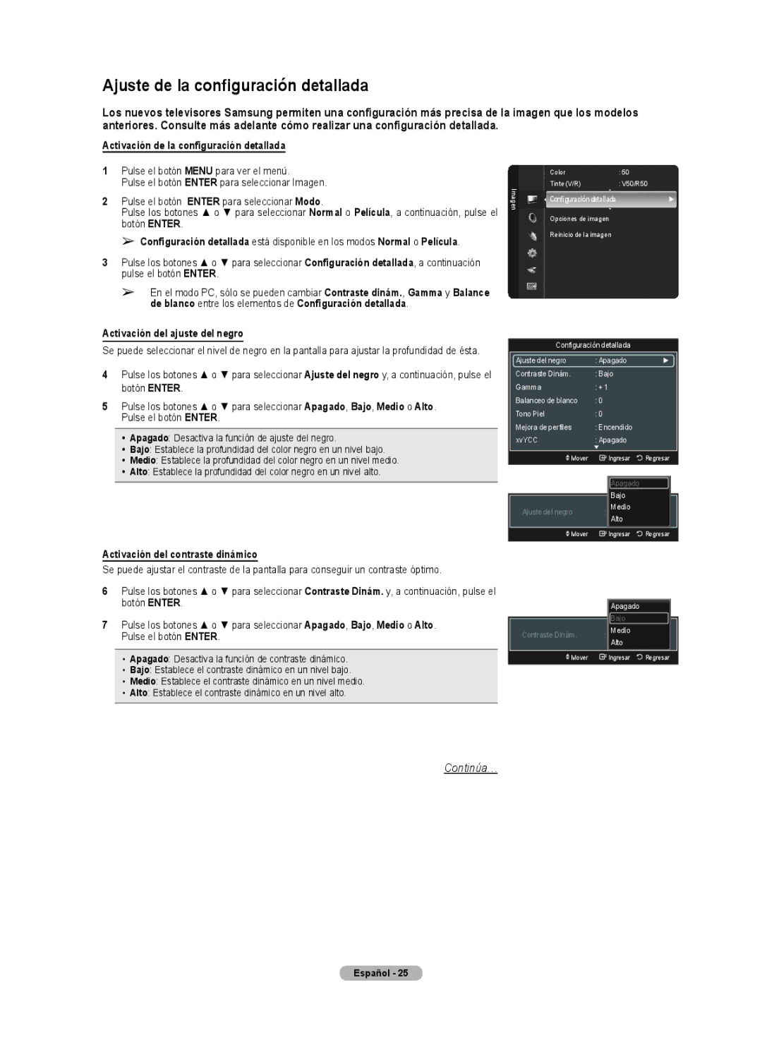 Samsung HL72A650C1F user manual Ajuste de la configuración detallada, Activación de la configuración detallada 