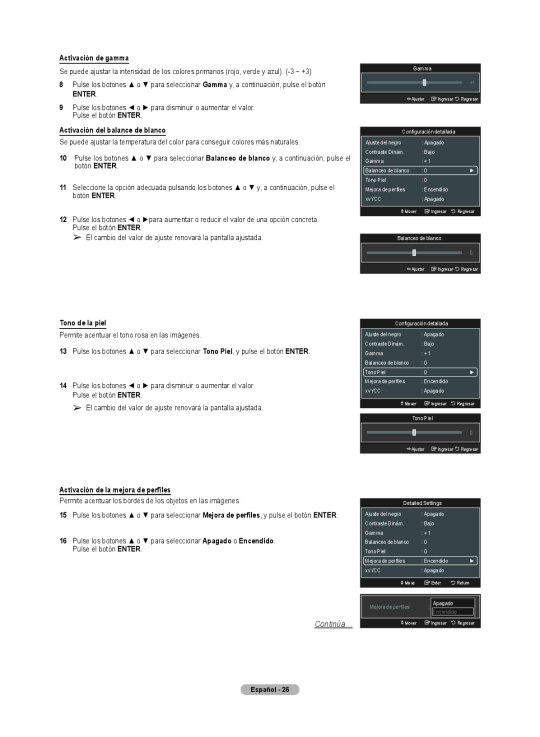 Samsung HL72A650C1F user manual Activación de gamma, Activación del balance de blanco, Tono de la piel 