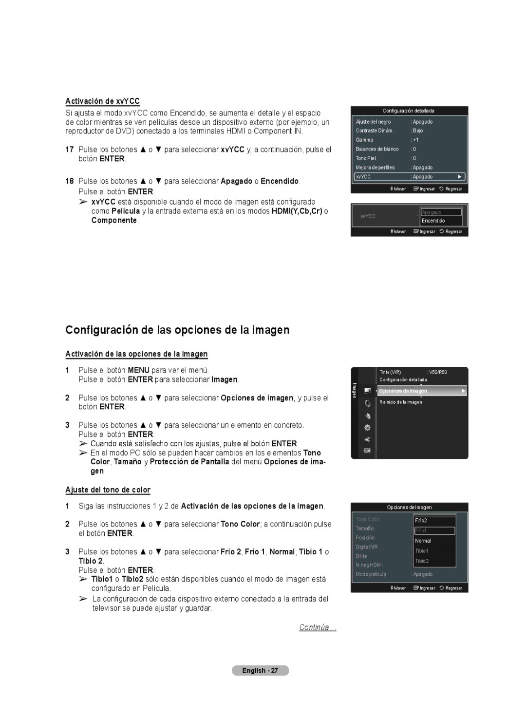 Samsung HL72A650C1F user manual Configuración de las opciones de la imagen, Activación de xvYCC, Ajuste del tono de color 