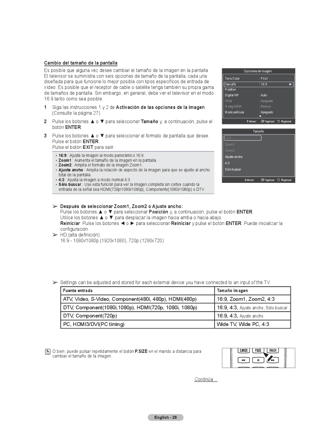 Samsung HL72A650C1F user manual Cambio del tamaño de la pantalla, Pulse el botón Enter Pulse el botón Exit para salir 