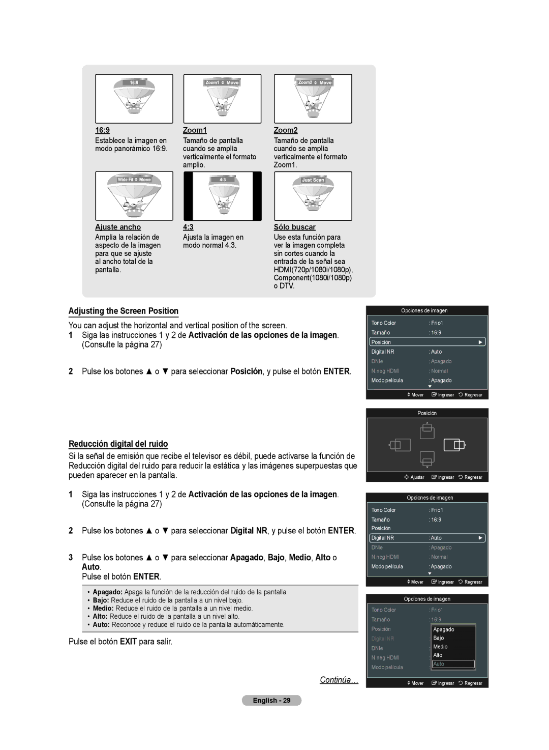 Samsung HL72A650C1F user manual Reducción digital del ruido, Zoom1 Zoom2, Ajuste ancho Sólo buscar 