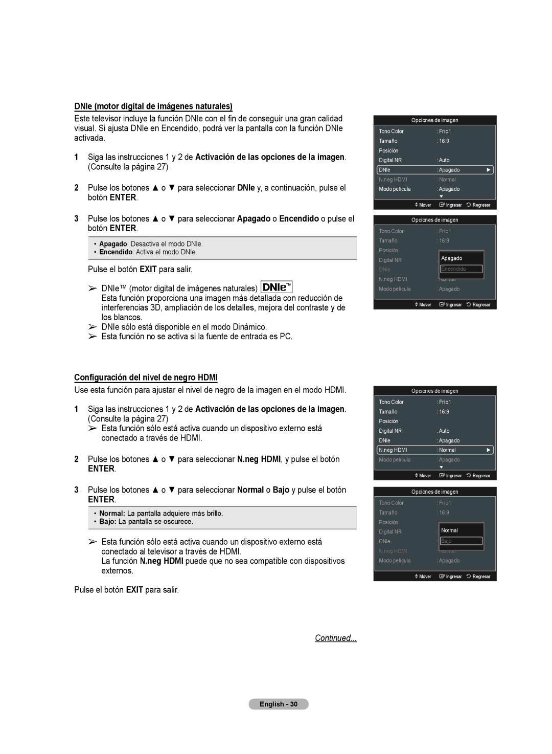 Samsung HL72A650C1F user manual DNIe motor digital de imágenes naturales, Configuración del nivel de negro Hdmi 