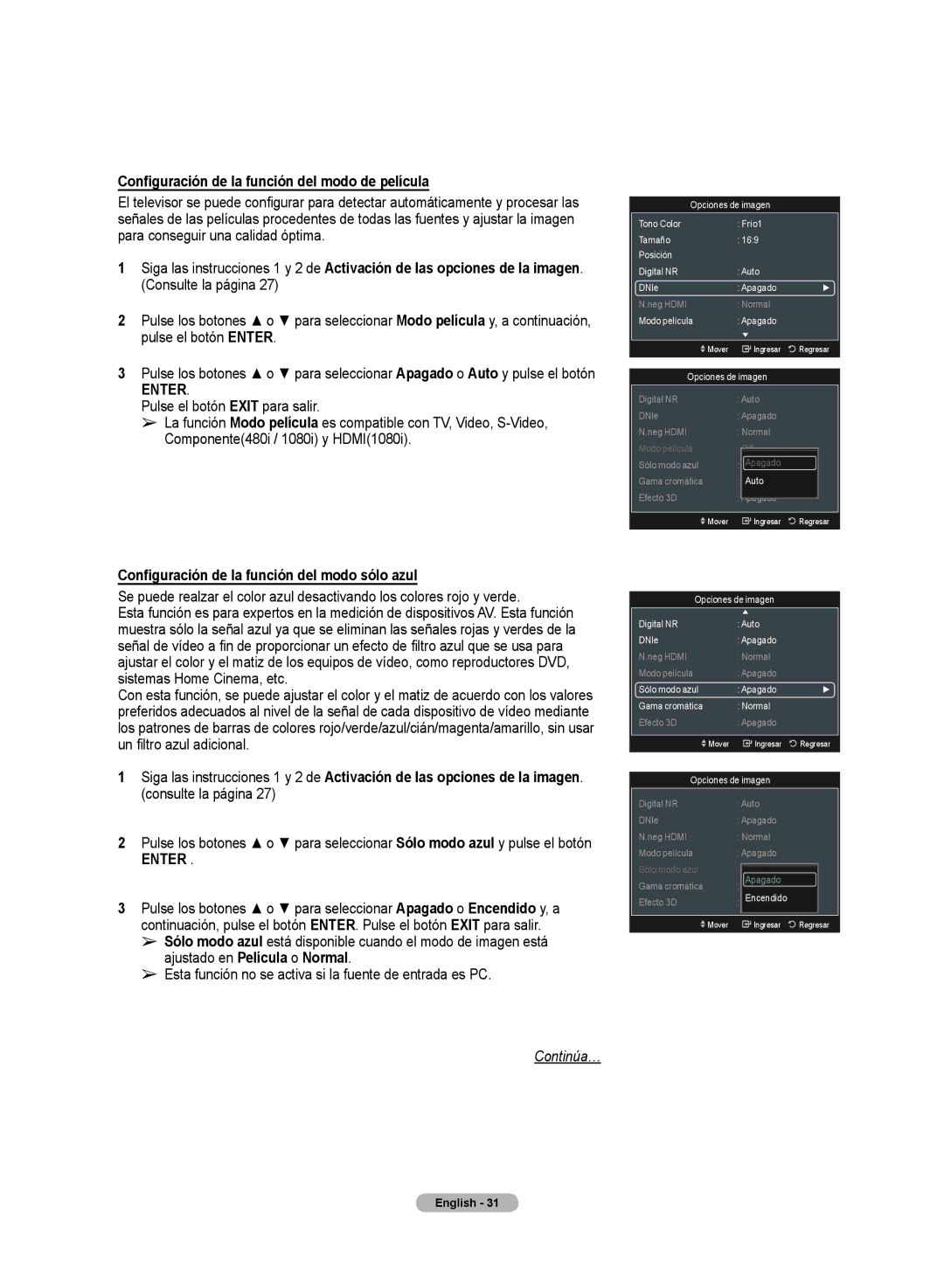 Samsung HL72A650C1F Configuración de la función del modo de película, Configuración de la función del modo sólo azul 