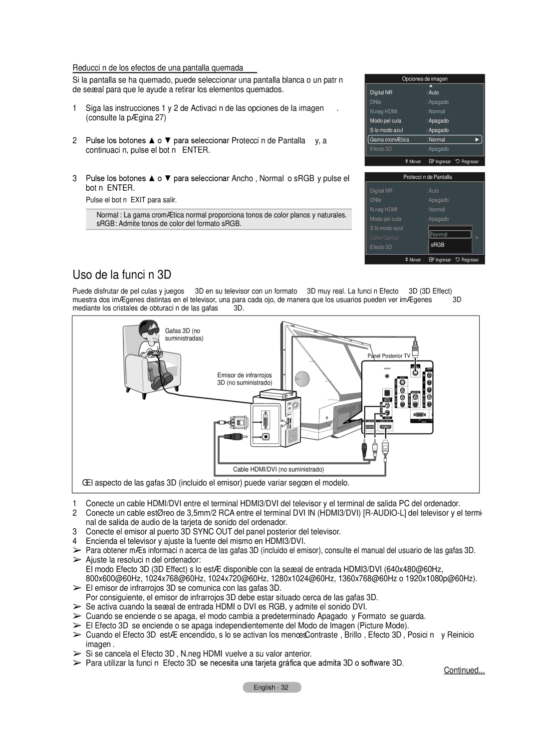 Samsung HL72A650C1F user manual Uso de la función 3D, Reducción de los efectos de una pantalla quemada 