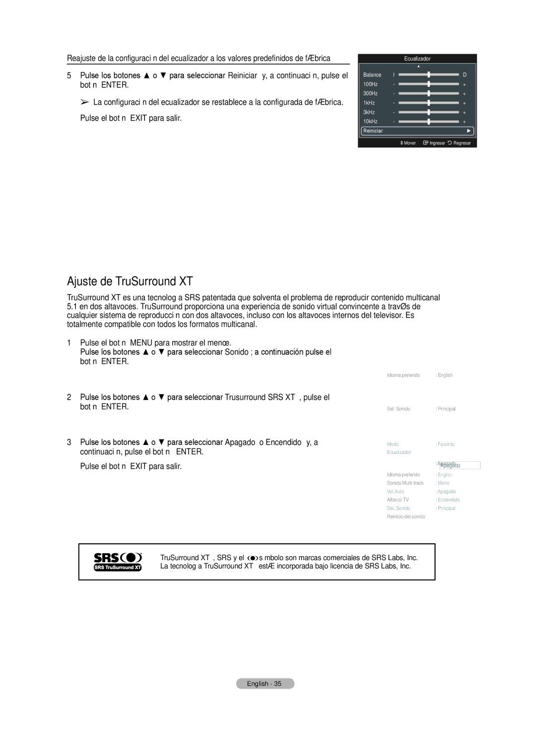 Samsung HL72A650C1F user manual Ajuste de TruSurround XT, Trusurround SRS XT Apagado 