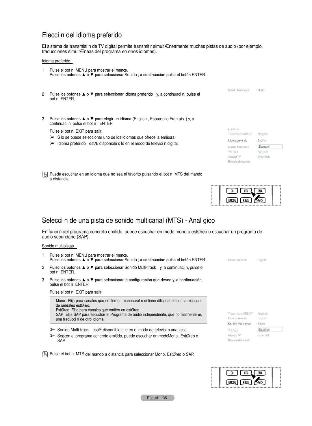 Samsung HL72A650C1F user manual Elección del idioma preferido, Selección de una pista de sonido multicanal MTS Analógico 