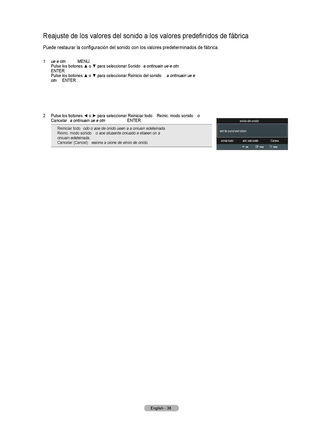 Samsung HL72A650C1F user manual Pulse el botón Menu, Reinicio del sonido Select the sound reset options 