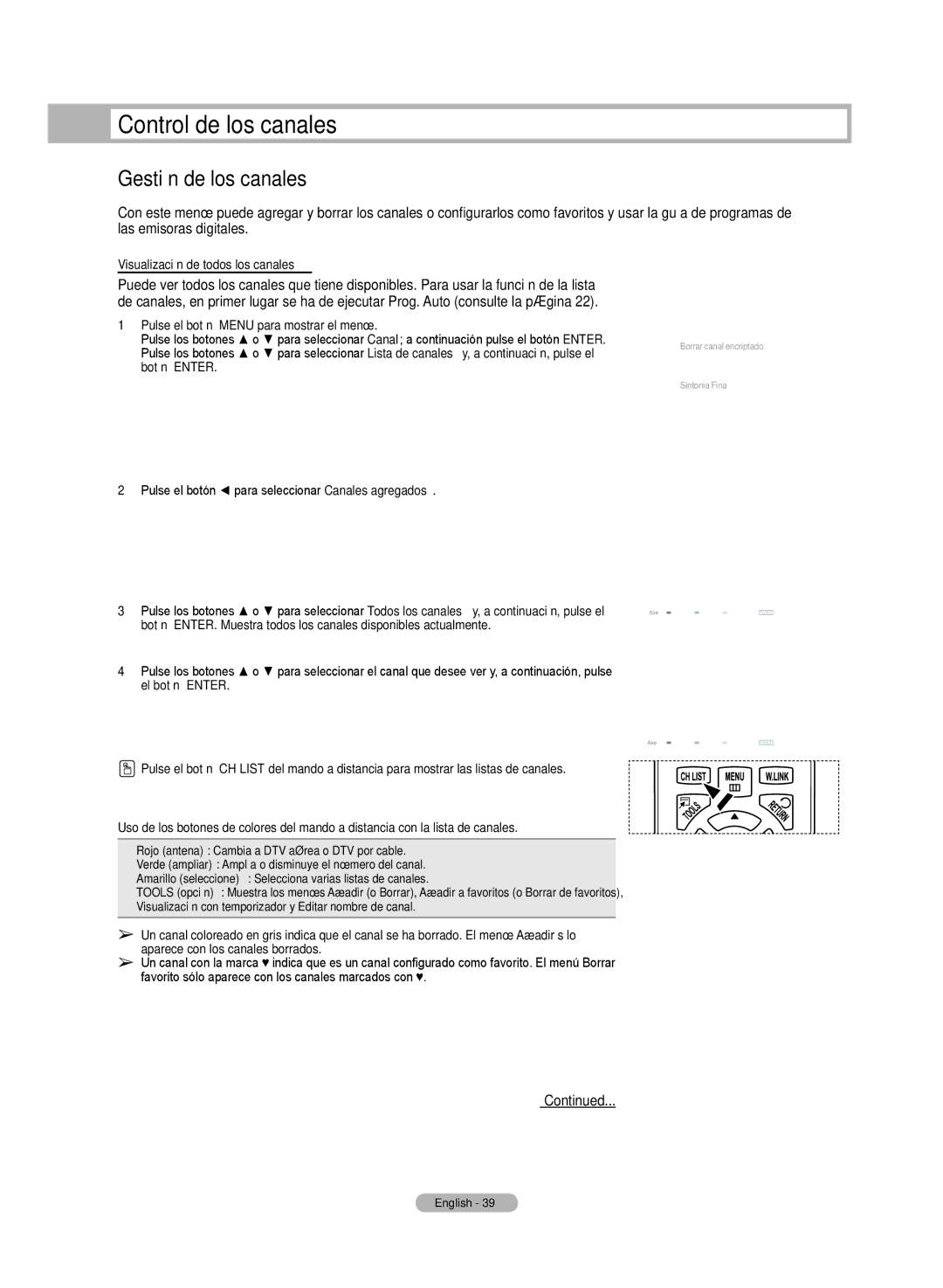 Samsung HL72A650C1F user manual Gestión de los canales, Visualización de todos los canales, Lista de canales 