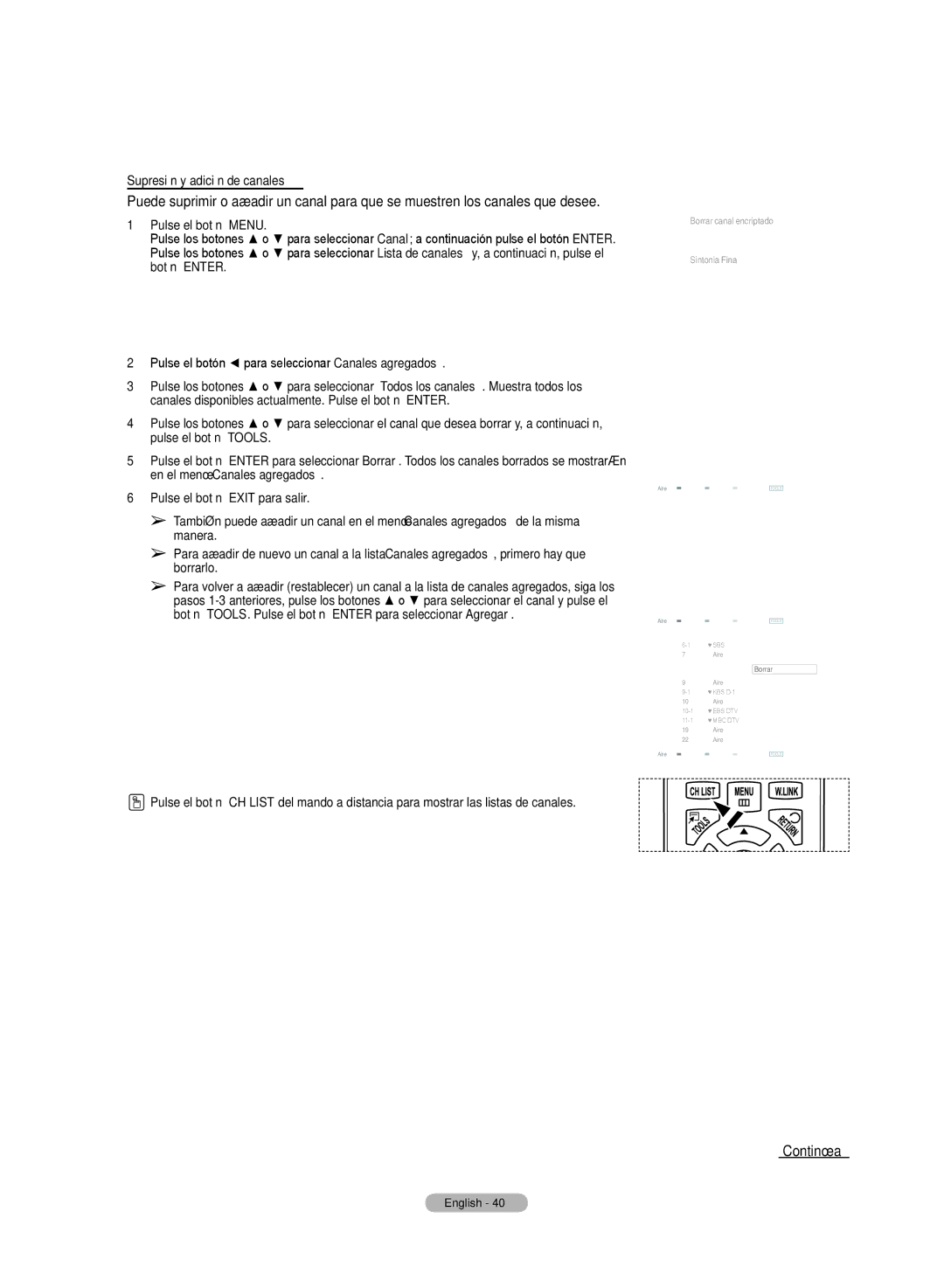 Samsung HL72A650C1F user manual Supresión y adición de canales 