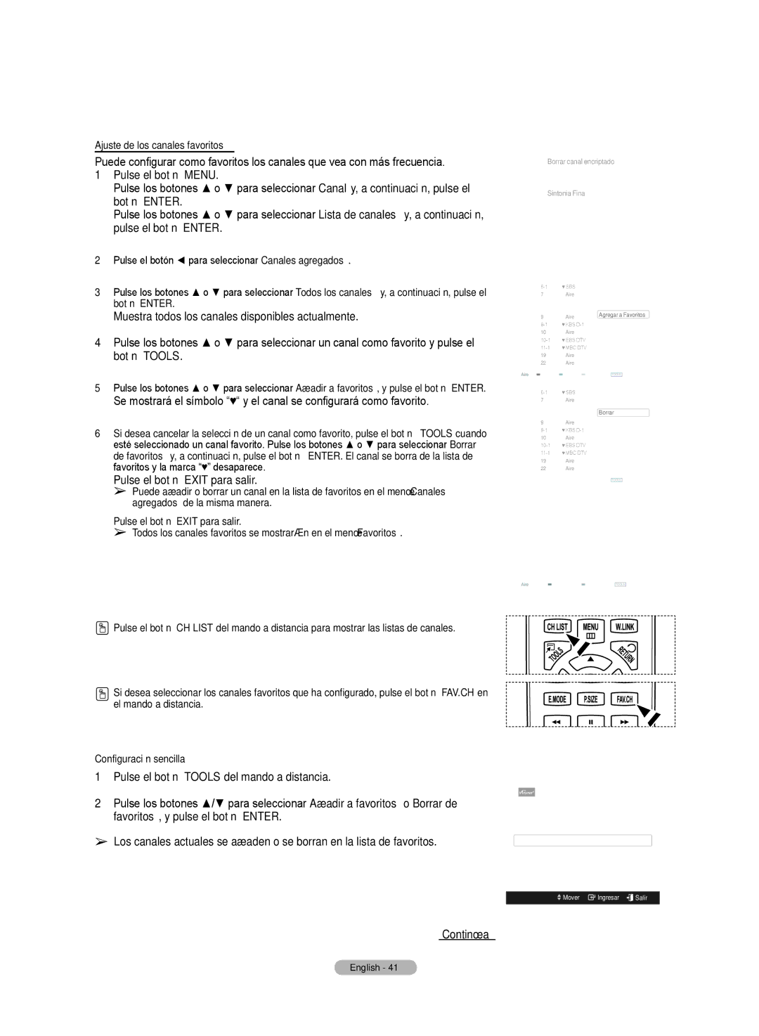 Samsung HL72A650C1F user manual Pulse el botón Exit para salir, Ajuste de los canales favoritos 