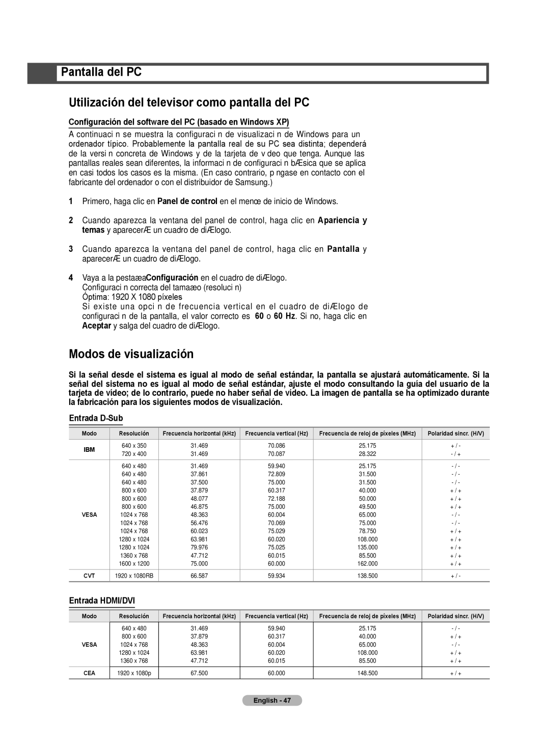 Samsung HL72A650C1F Modos de visualización, Configuración del software del PC basado en Windows XP, Entrada HDMI/DVI 