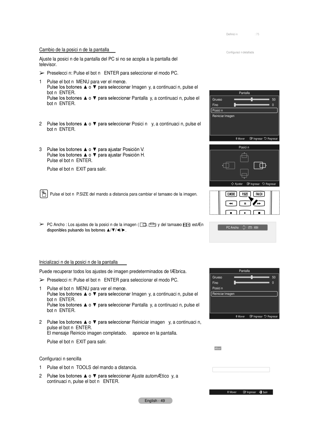 Samsung HL72A650C1F user manual Inicialización de la posición de la pantalla, PC Ancho 