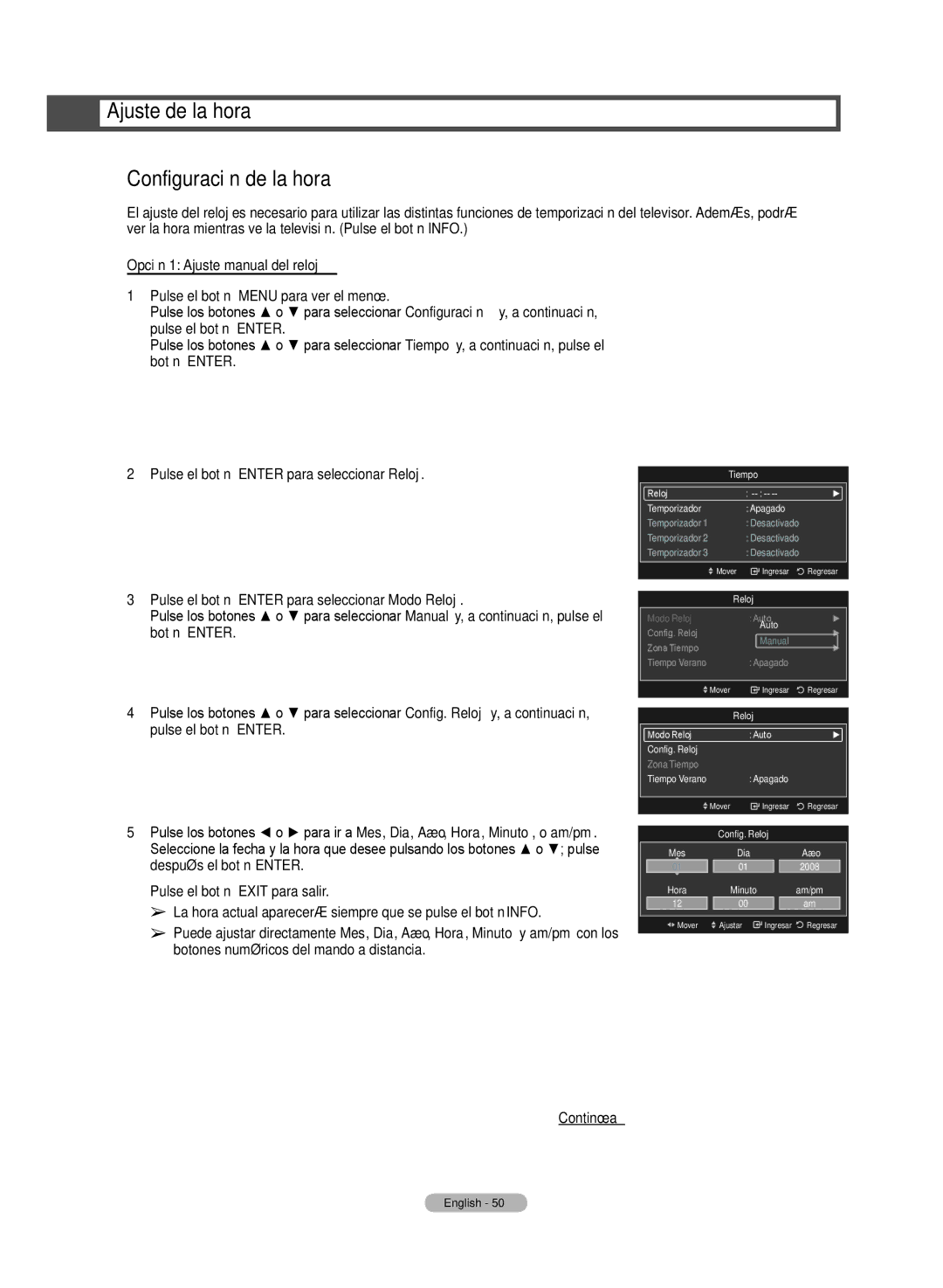 Samsung HL72A650C1F user manual Ajuste de la hora Configuración de la hora, Tiempo 